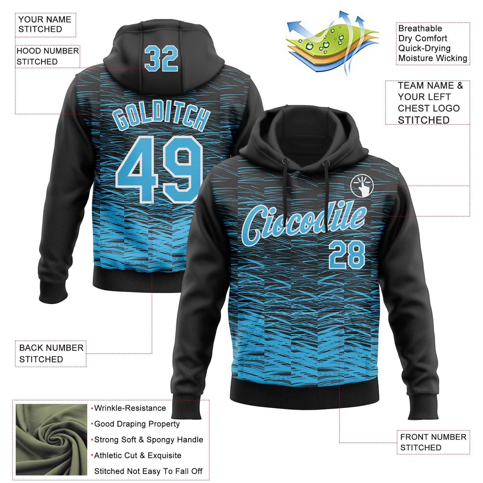 Custom Stitched Black Sky Blue-White Line Sports Pullover Sweatshirt Hoodie - Image 4