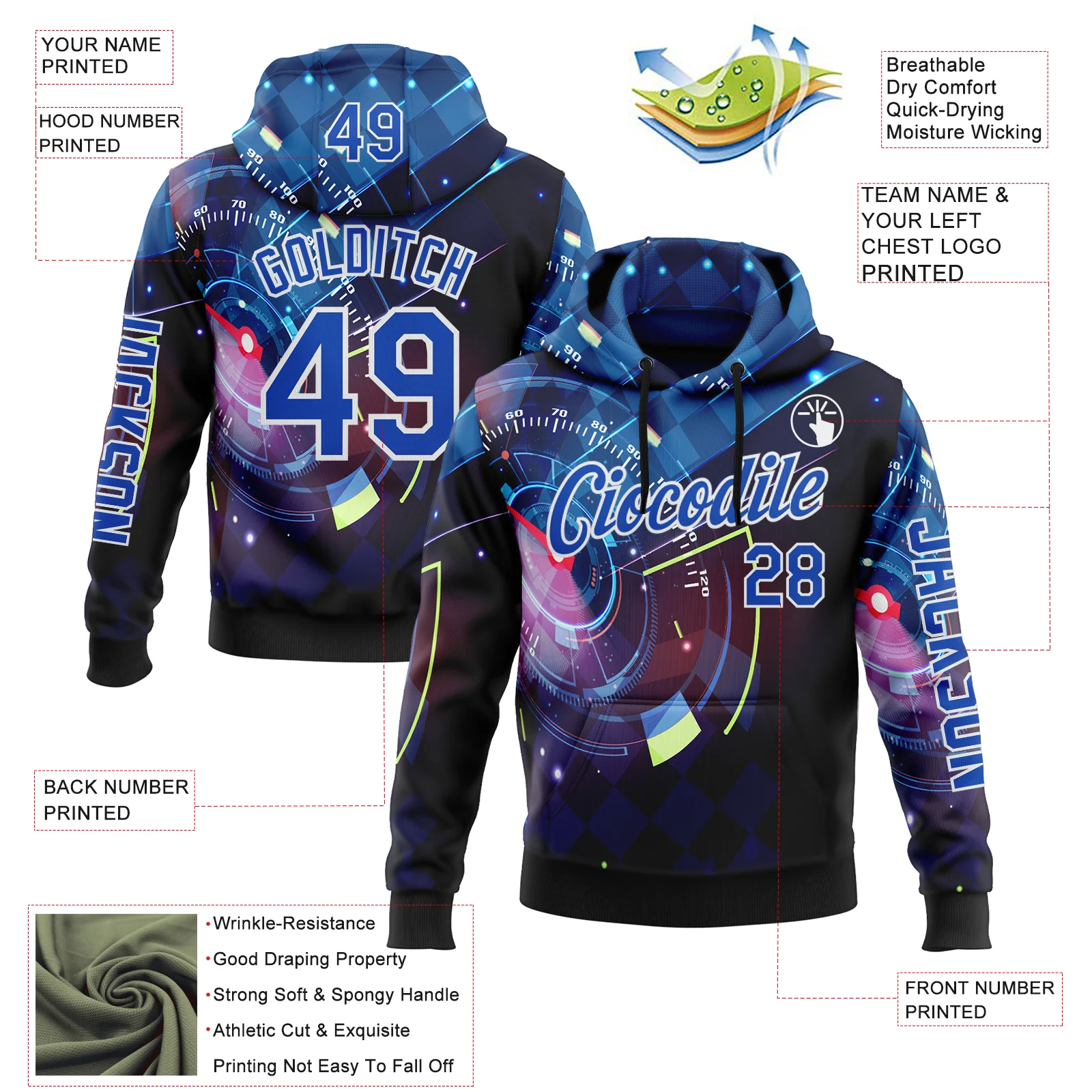 Custom Black Thunder Blue-White 3D Pattern Design Formula Auto Car Racing Motorsport Sports Pullover Sweatshirt Hoodie - Image 2