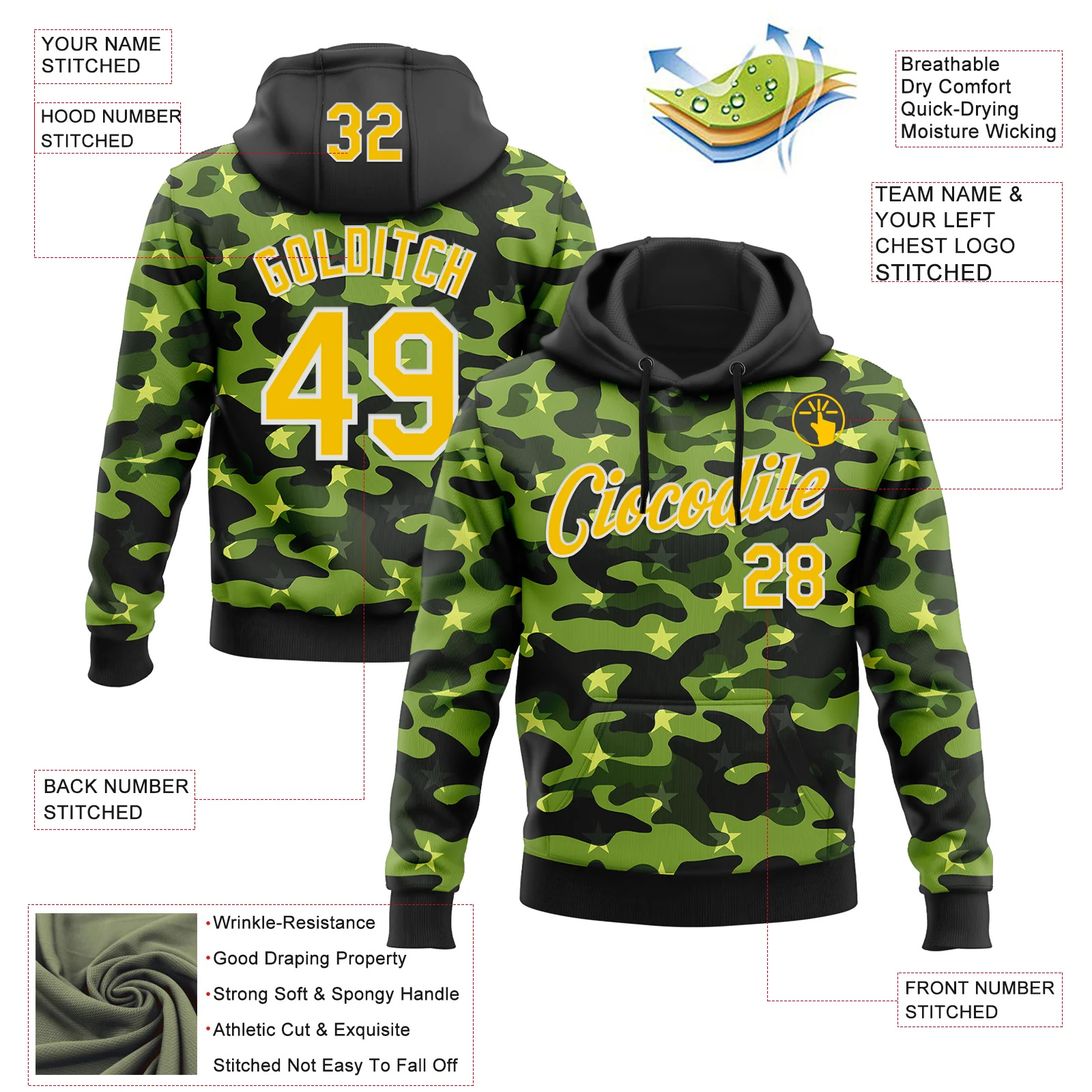 Custom Stitched Black Yellow-White 3D Pattern Design Camo Military Sportswear Pullover Sweatshirt Hoodie - Image 2