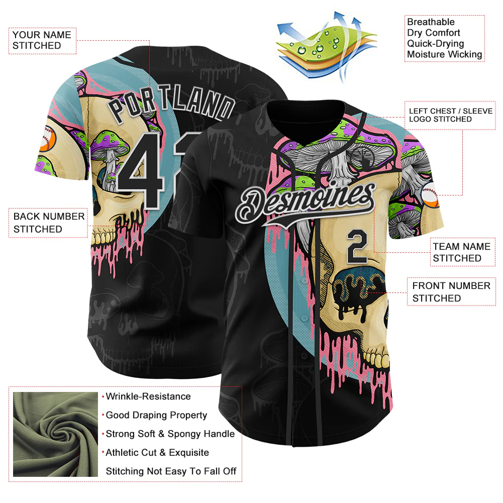 Custom Black White 3D Illymakes Drippy Mushroom Skull Authentic Baseball Jersey - Image 3