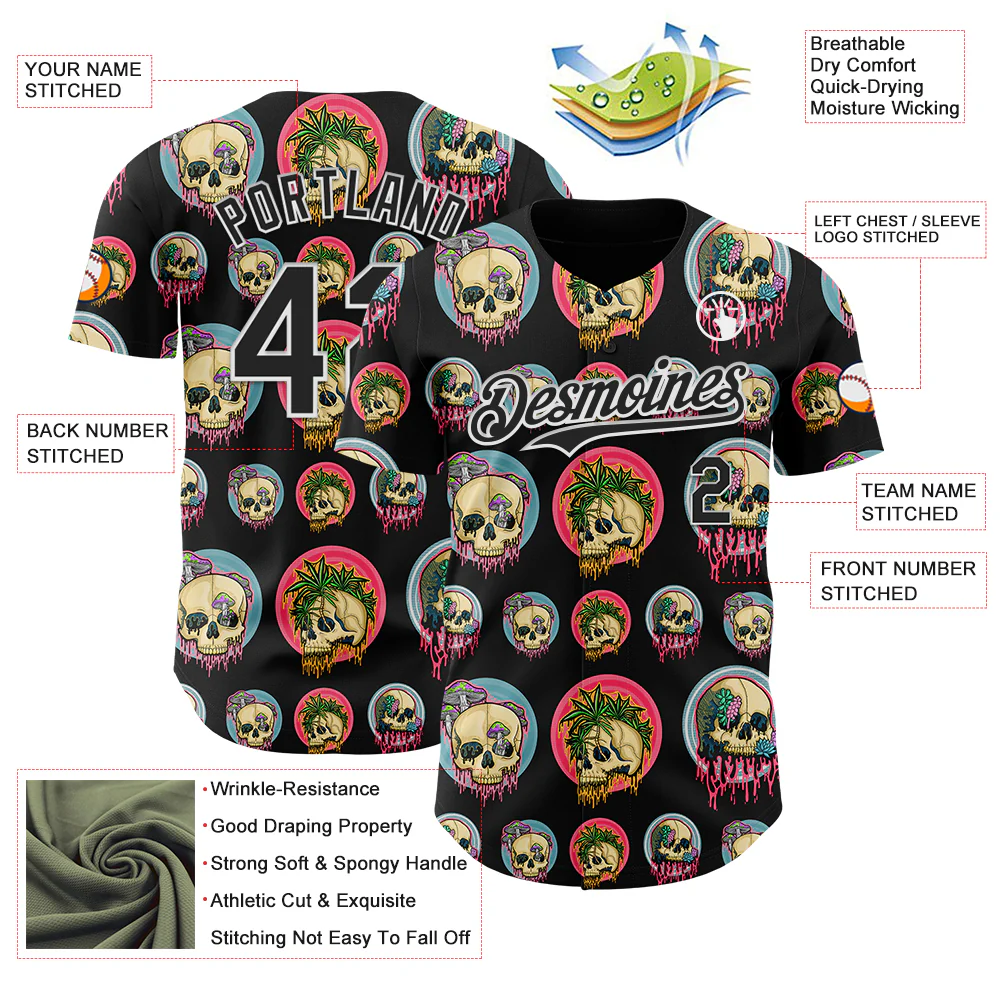 Custom Black White 3D Illymakes Drippy Skulls Authentic Baseball Jersey - Image 3