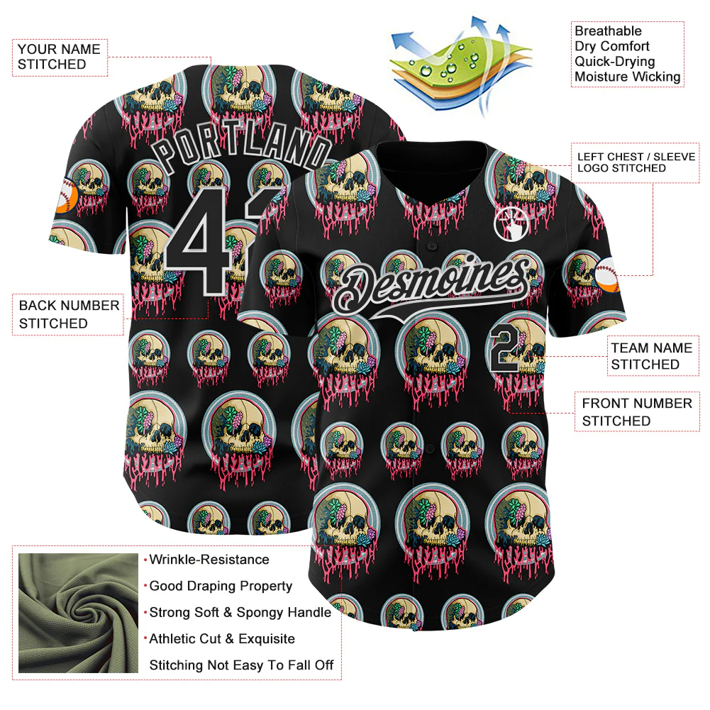 Custom Black White 3D Illymakes Drippy Succulent Skulls Authentic Baseball Jersey - Image 3