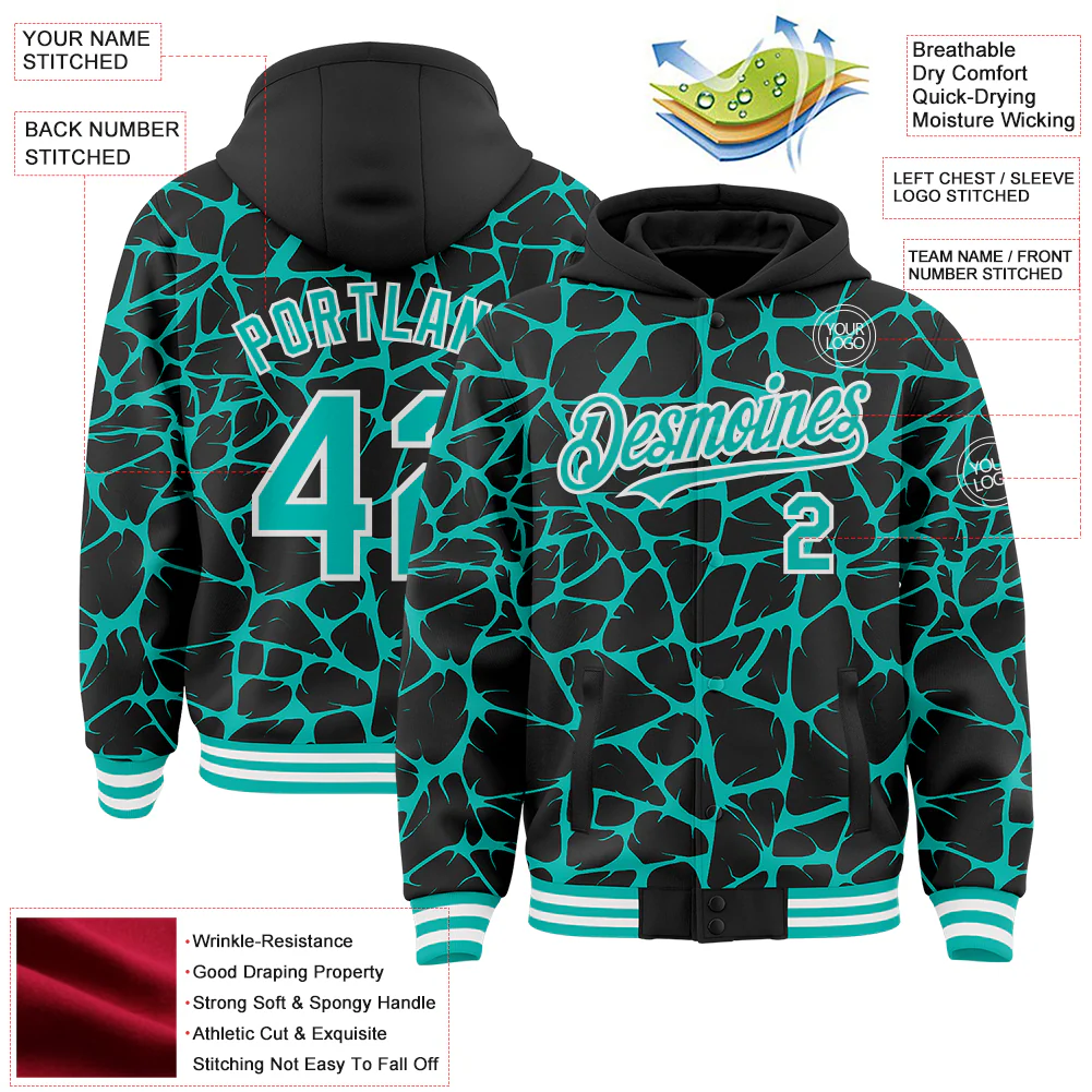 Custom Black Aqua-White Abstract Network Bomber Full-Snap Varsity Letterman Hoodie Jacket - Image 4