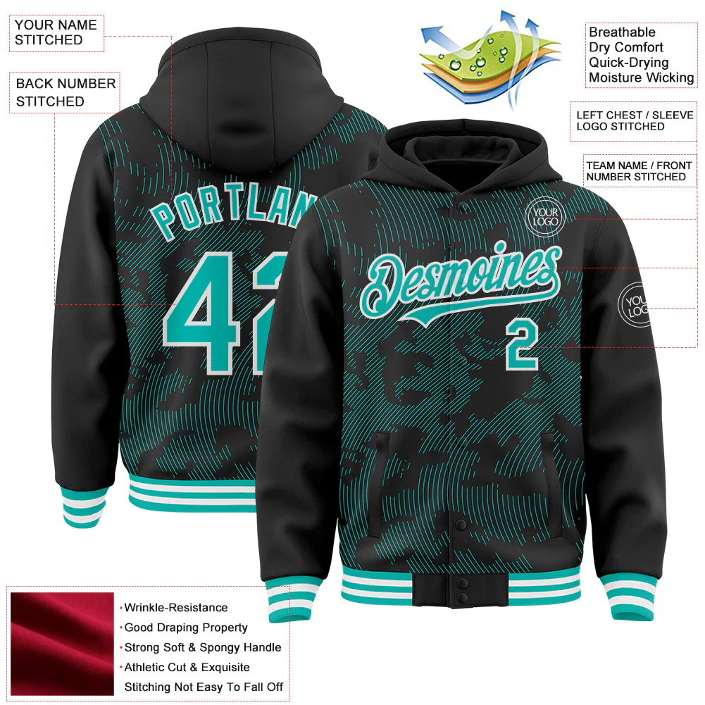 Custom Black Aqua-White Curve Lines Bomber Full-Snap Varsity Letterman Hoodie Jacket - Image 4