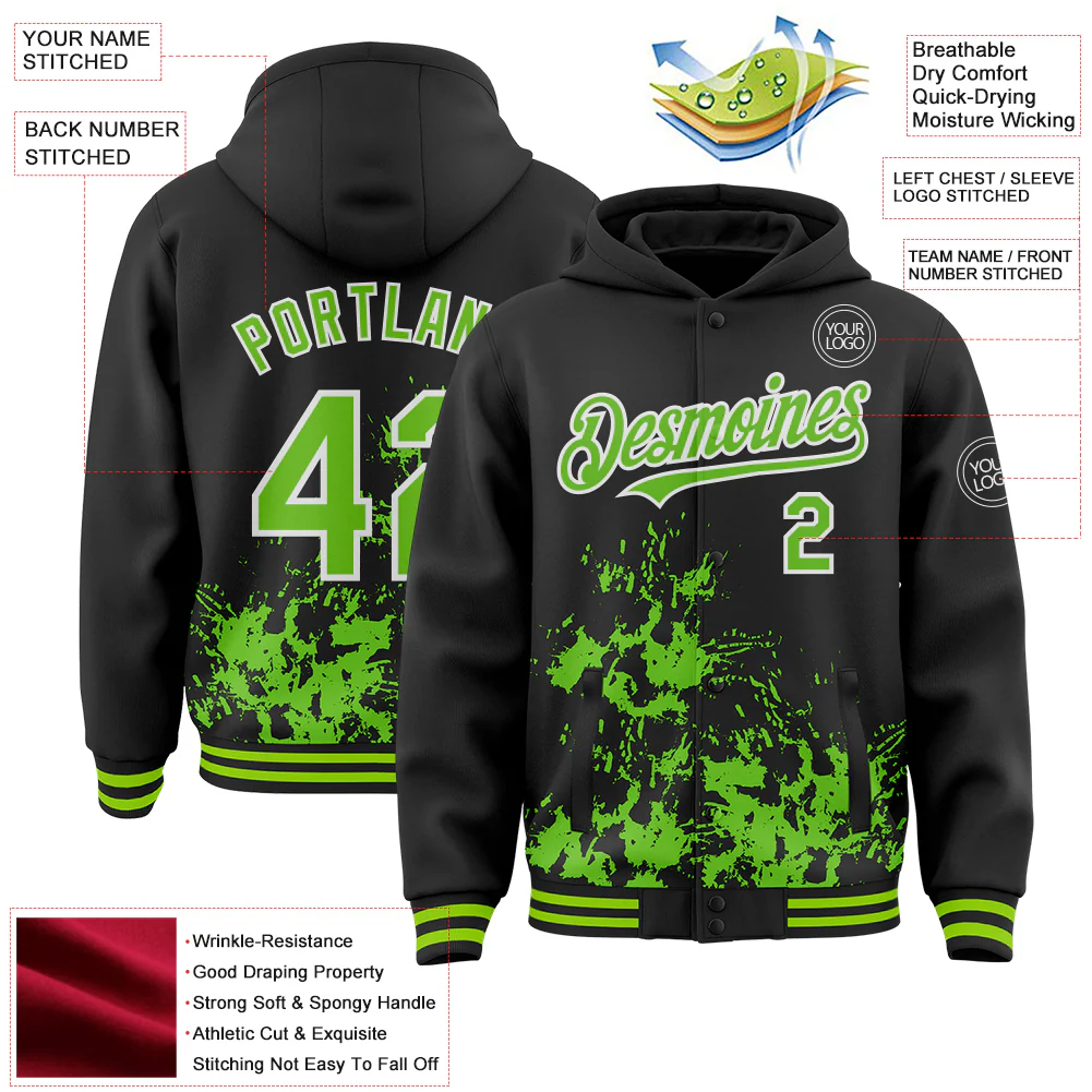 Custom Black Aurora Green-White Splash Art 3D Pattern Design Bomber Full-Snap Varsity Letterman Hoodie Jacket - Image 4