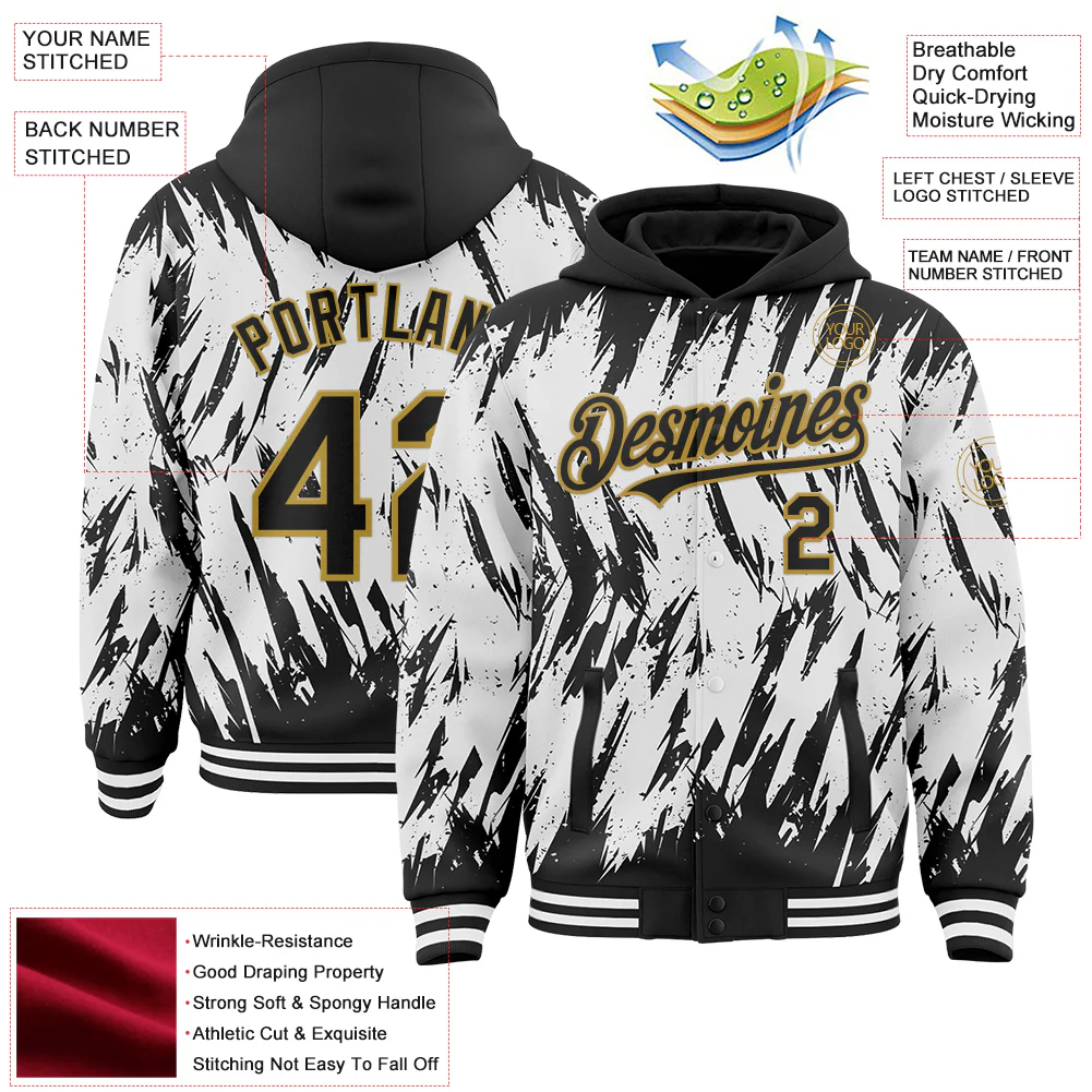 Custom Black White-Old Gold Abstract Sharp Shape Fragment Pattern Bomber Full-Snap Varsity Letterman Hoodie Jacket - Image 4