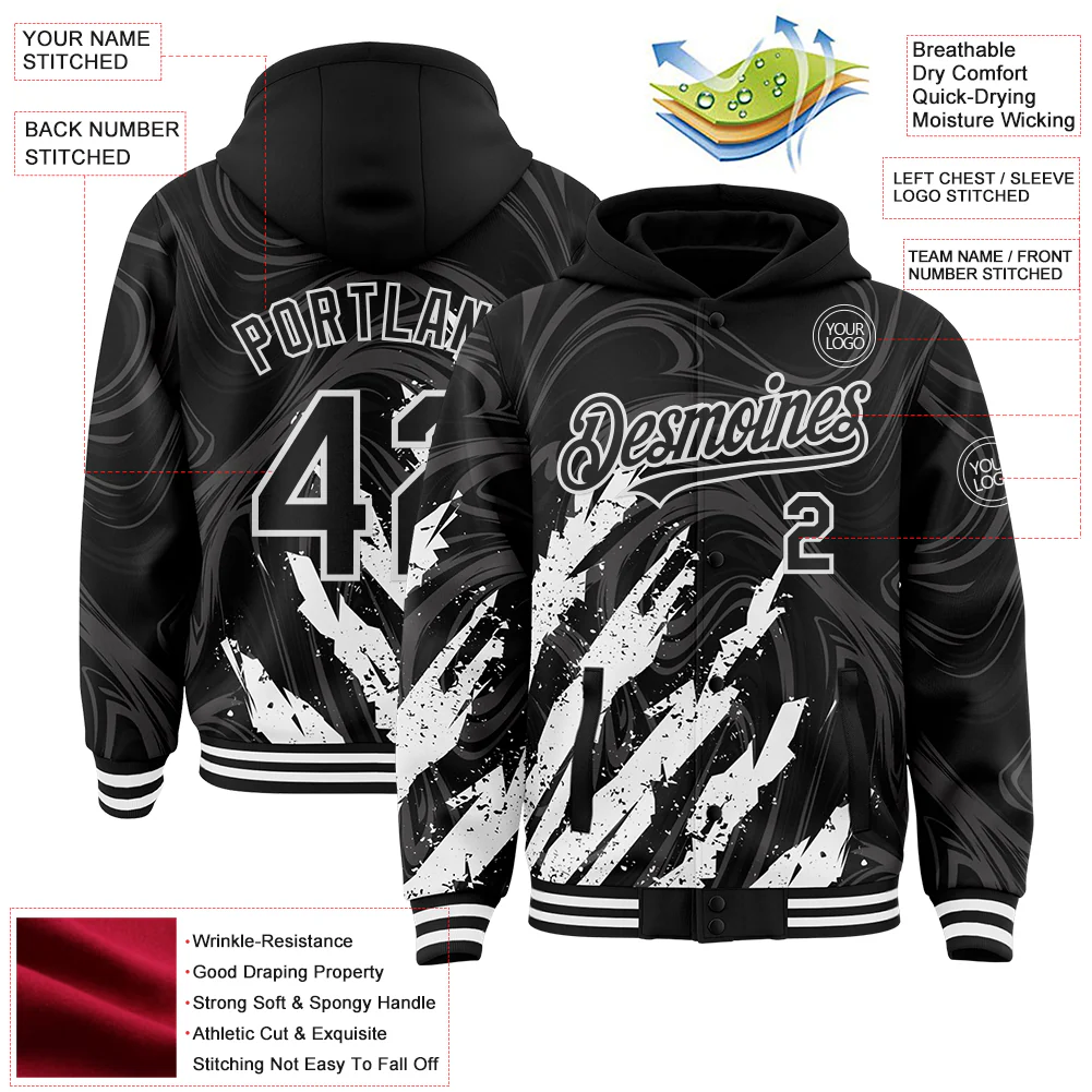 Custom Black White Splash Bomber Full-Snap Varsity Letterman Hoodie Jacket - Image 4