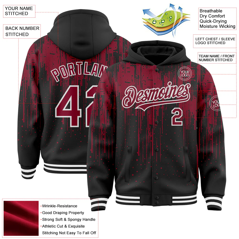 Custom Black Crimson-White Dripping Splatter Bomber Full-Snap Varsity Letterman Hoodie Jacket - Image 4