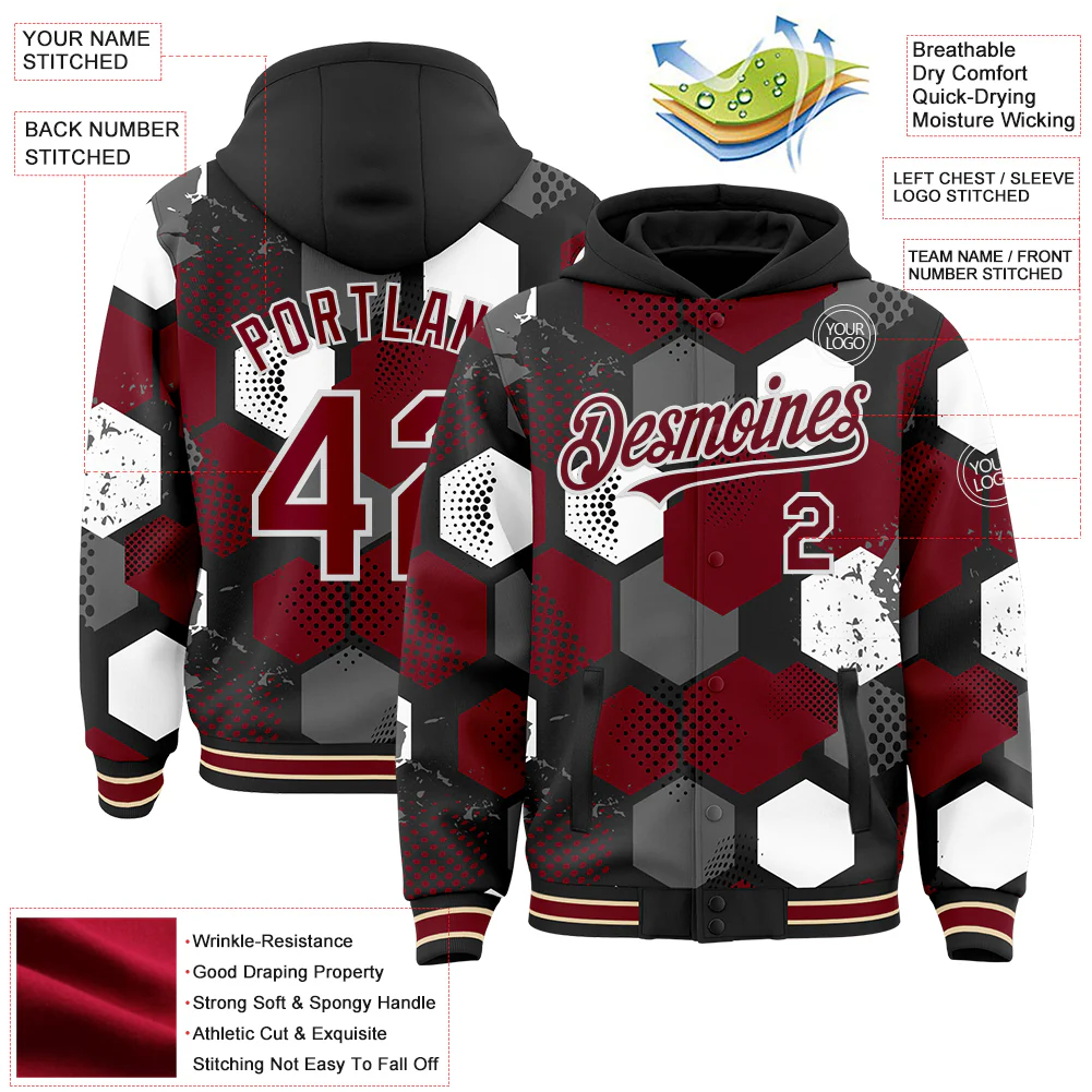 Custom Black Crimson-White Geometric Shape Bomber Full-Snap Varsity Letterman Hoodie Jacket - Image 4