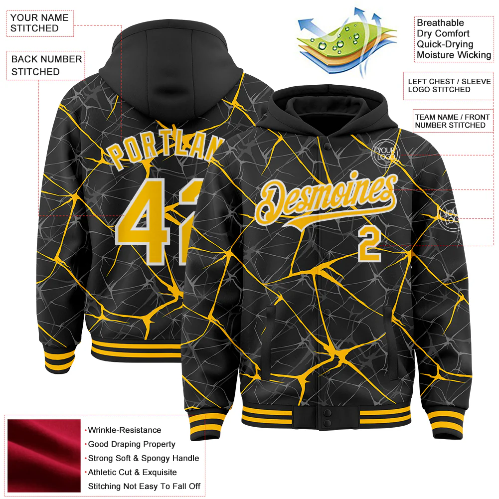 Custom Black Gold-White Abstract Network 3D Pattern Design Bomber Full-Snap Varsity Letterman Hoodie Jacket - Image 4