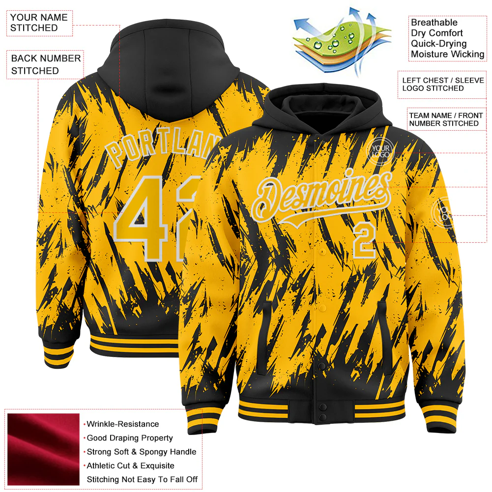 Custom Black Gold-White Abstract Sharp Shape Fragment Pattern Bomber Full-Snap Varsity Letterman Hoodie Jacket - Image 4