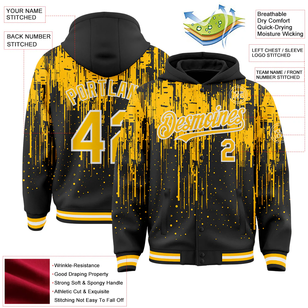 Custom Black Gold-White Dripping Splatter Bomber Full-Snap Varsity Letterman Hoodie Jacket - Image 4