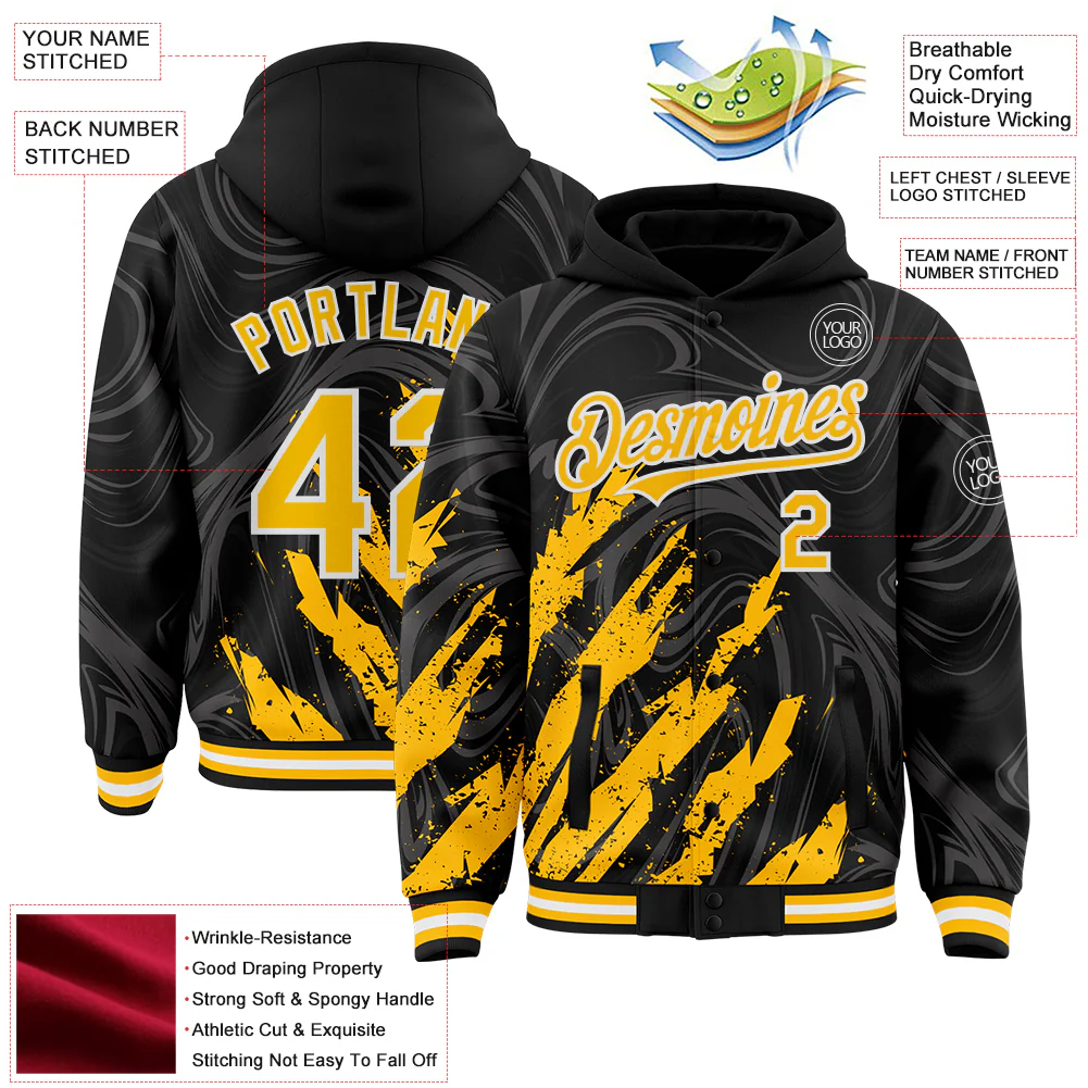 Custom Black Gold-White Splash Bomber Full-Snap Varsity Letterman Hoodie Jacket - Image 4