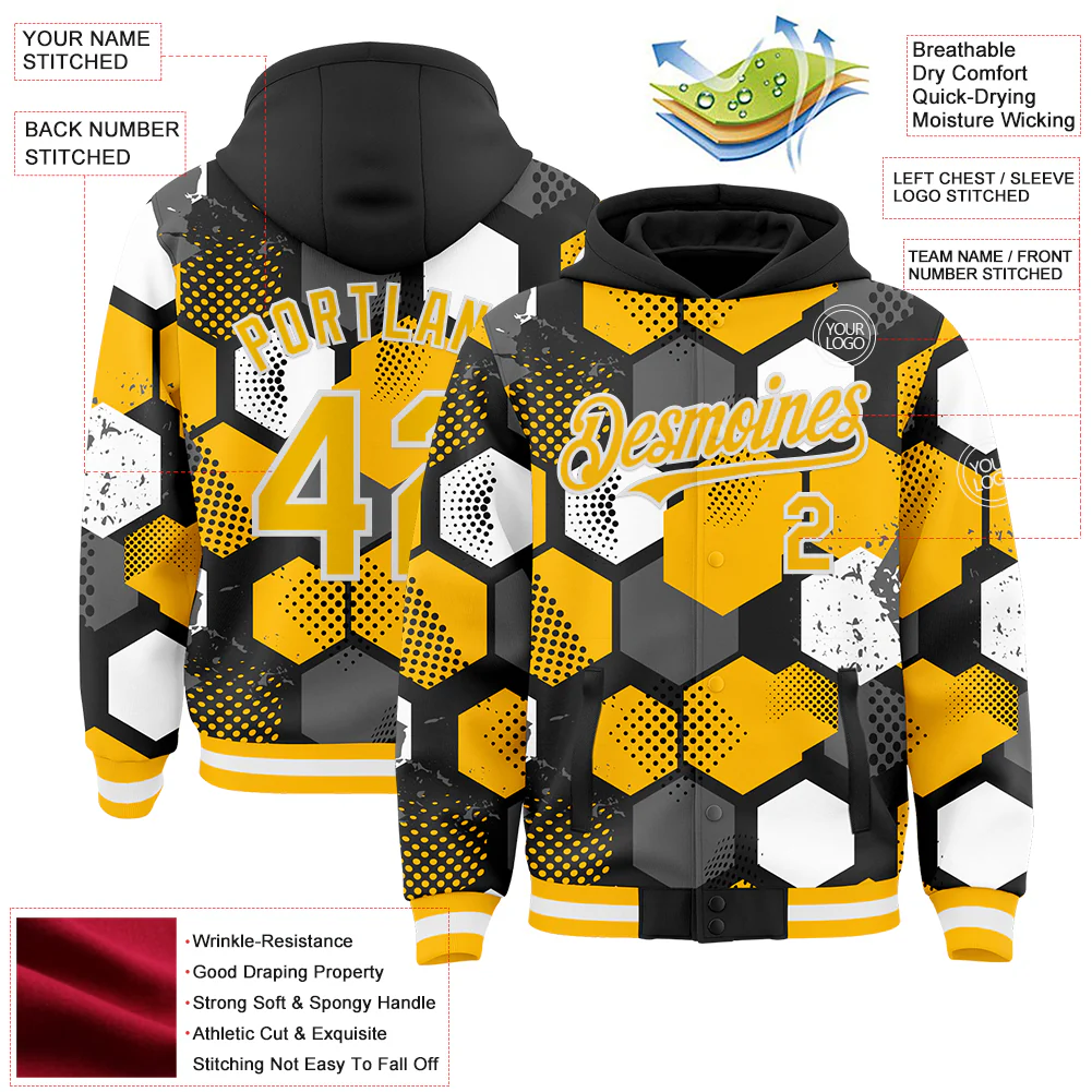 Custom Black Gold-White Geometric Shape Bomber Full-Snap Varsity Letterman Hoodie Jacket - Image 4