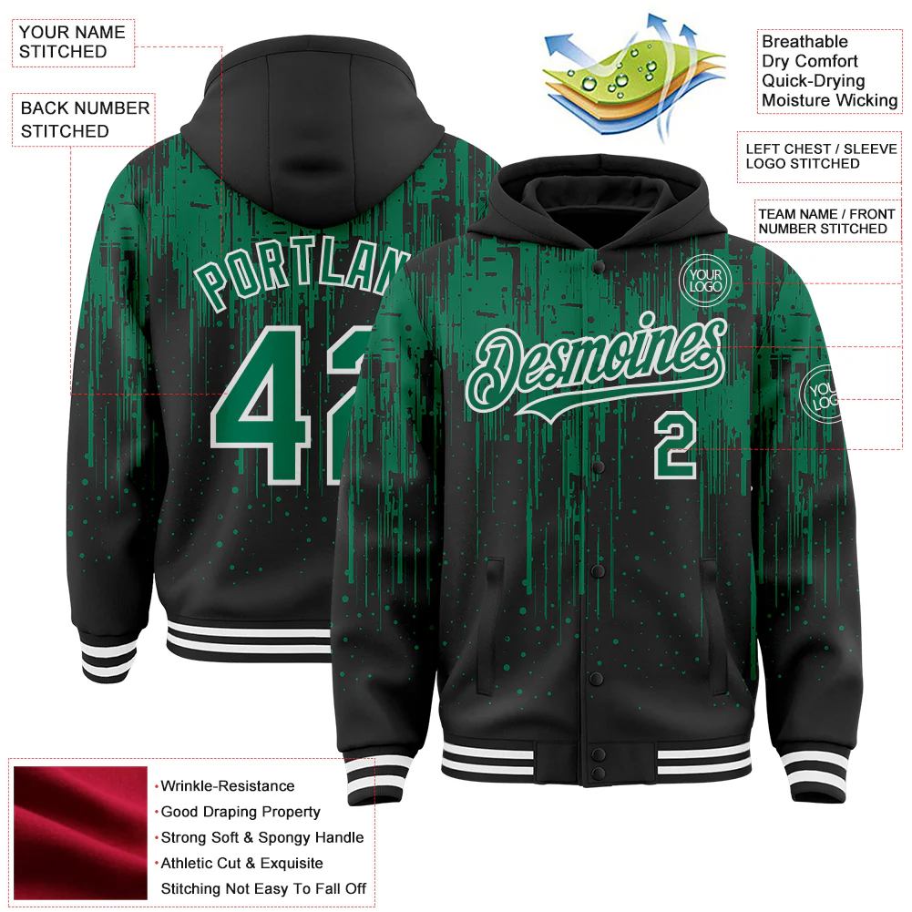 Custom Black Kelly Green-White Dripping Splatter Bomber Full-Snap Varsity Letterman Hoodie Jacket - Image 4