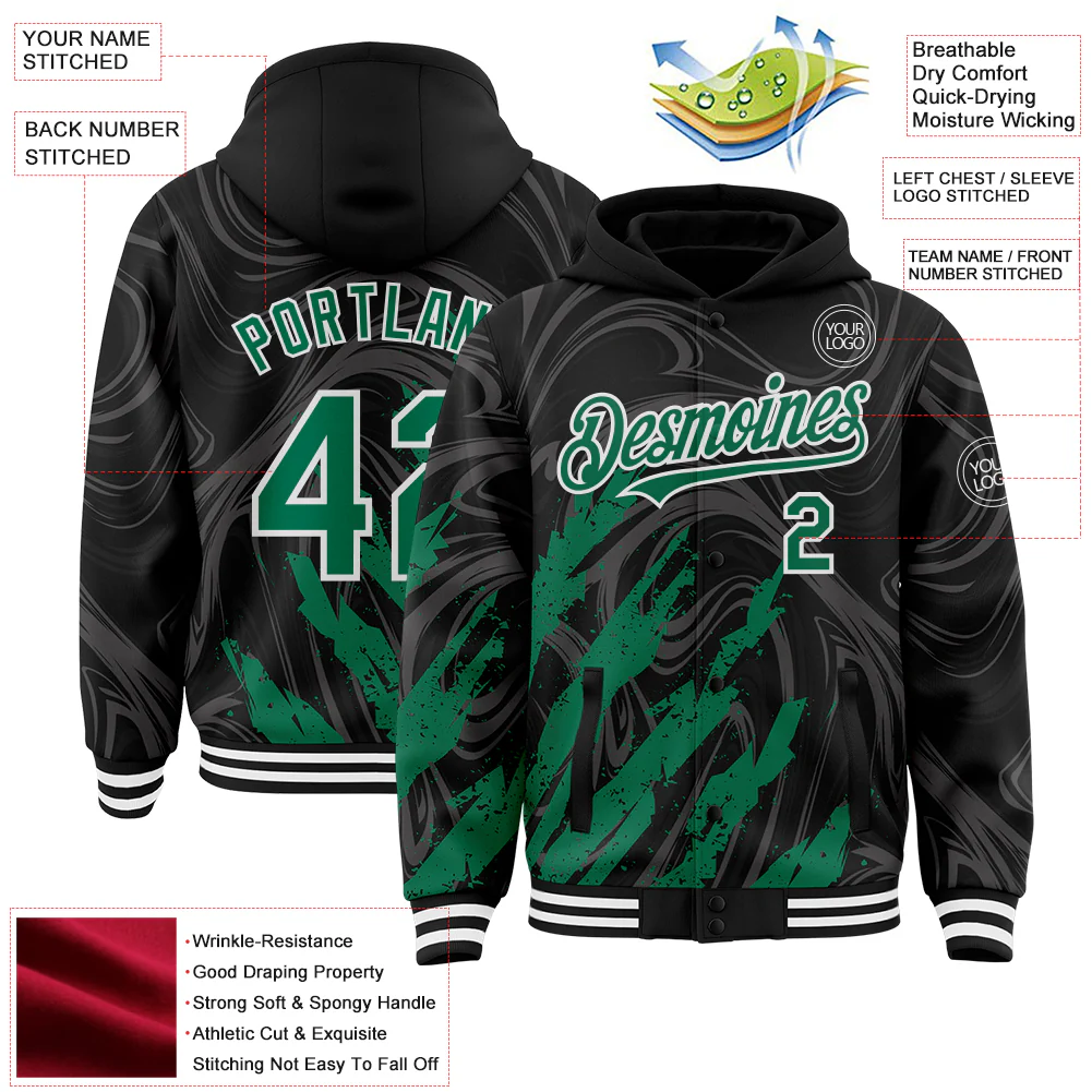 Custom Black Kelly Green-White Splash Bomber Full-Snap Varsity Letterman Hoodie Jacket - Image 4