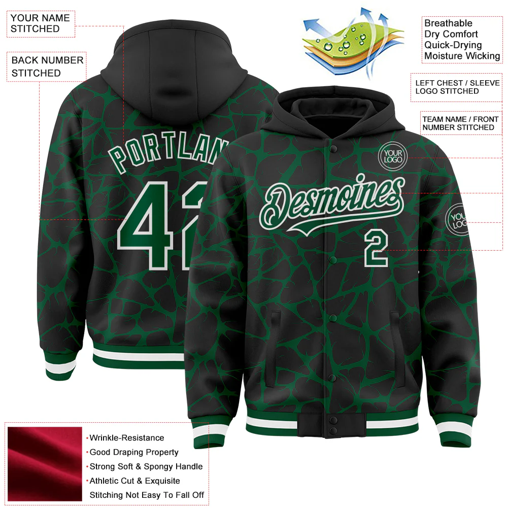 Custom Black Kelly Green-White Abstract Network Bomber Full-Snap Varsity Letterman Hoodie Jacket - Image 4