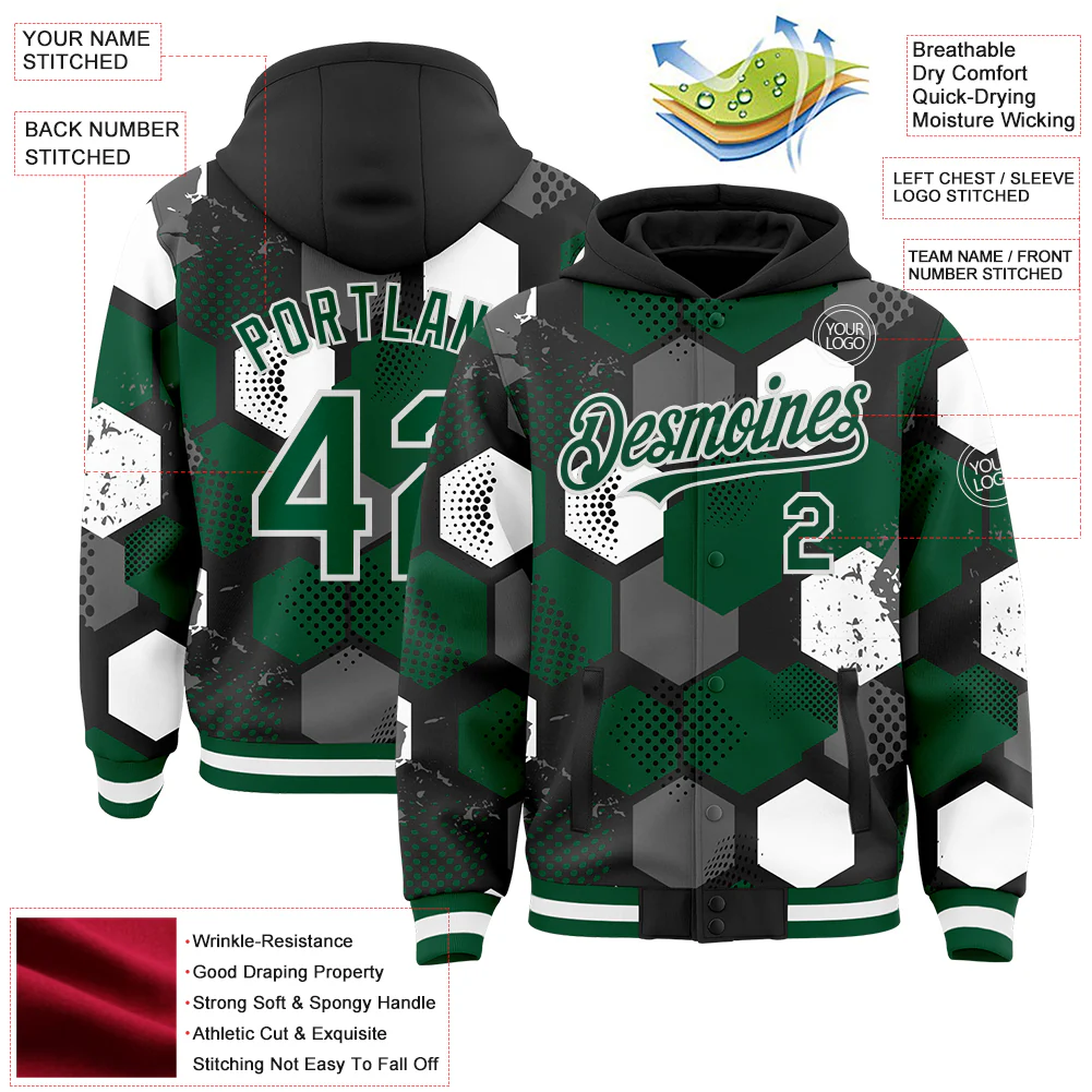 Custom Black Kelly Green-White Geometric Shape Bomber Full-Snap Varsity Letterman Hoodie Jacket - Image 4