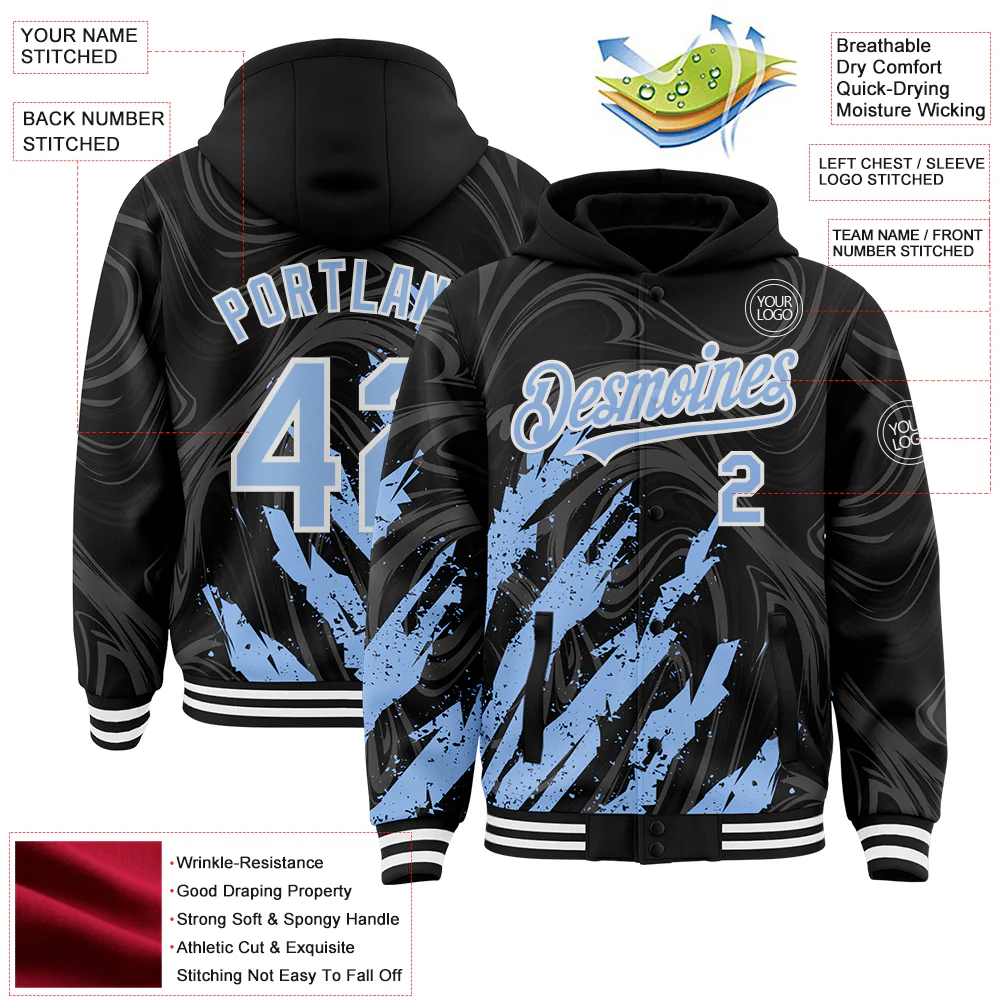 Custom Black Light Blue-White Splash Bomber Full-Snap Varsity Letterman Hoodie Jacket - Image 4