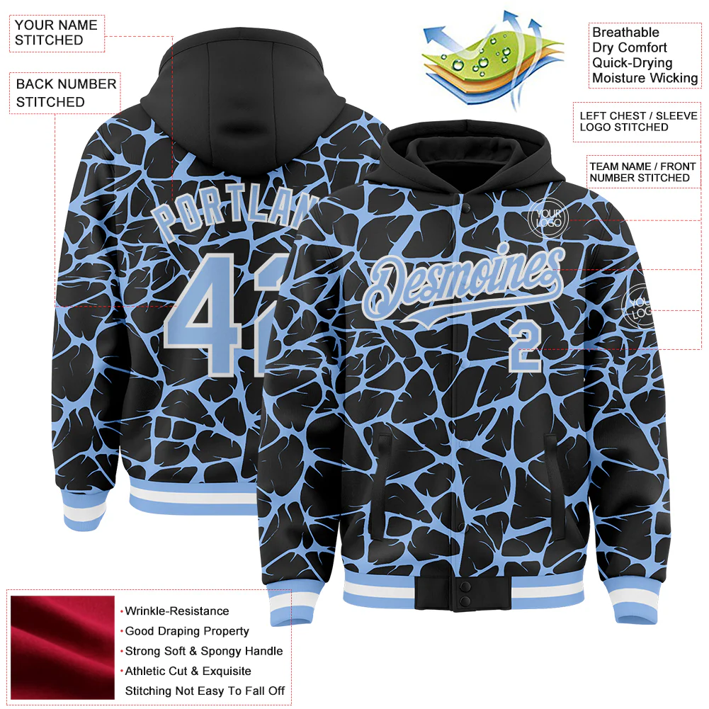 Custom Black Light Blue-White Abstract Network Bomber Full-Snap Varsity Letterman Hoodie Jacket - Image 4
