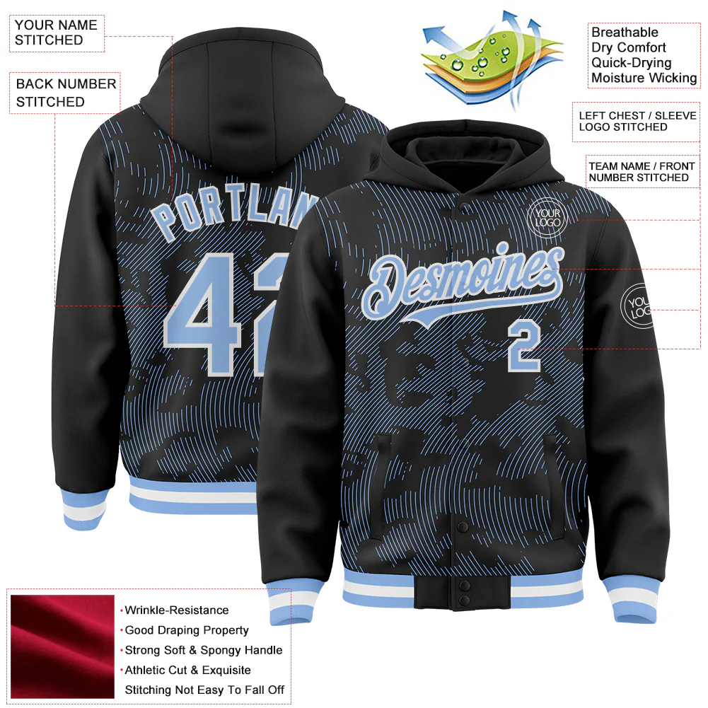 Custom Black Light Blue-White Curve Lines Bomber Full-Snap Varsity Letterman Hoodie Jacket - Image 4