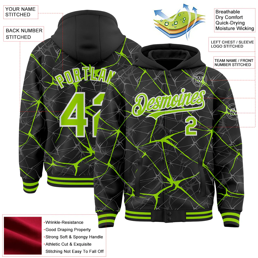 Custom Black Neon Green-White Abstract Network 3D Pattern Design Bomber Full-Snap Varsity Letterman Hoodie Jacket - Image 4