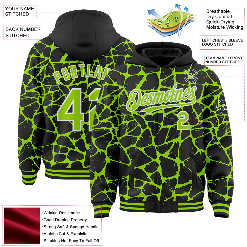 Custom Black Neon Green-White Abstract Network Bomber Full-Snap Varsity Letterman Hoodie Jacket - Image 4