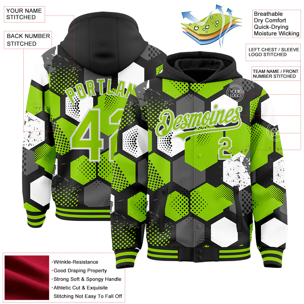 Custom Black Neon Green-White Geometric Shape Bomber Full-Snap Varsity Letterman Hoodie Jacket - Image 4