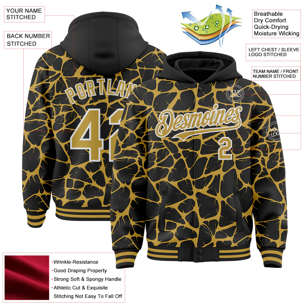 Custom Black Old Gold-White Abstract Network Bomber Full-Snap Varsity Letterman Hoodie Jacket - Image 4