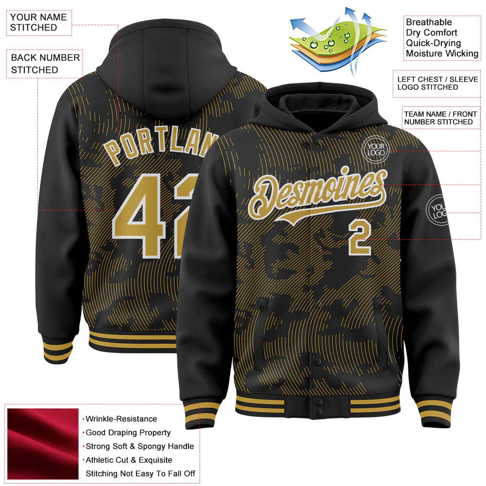Custom Black Old Gold-White Curve Lines Bomber Full-Snap Varsity Letterman Hoodie Jacket - Image 4