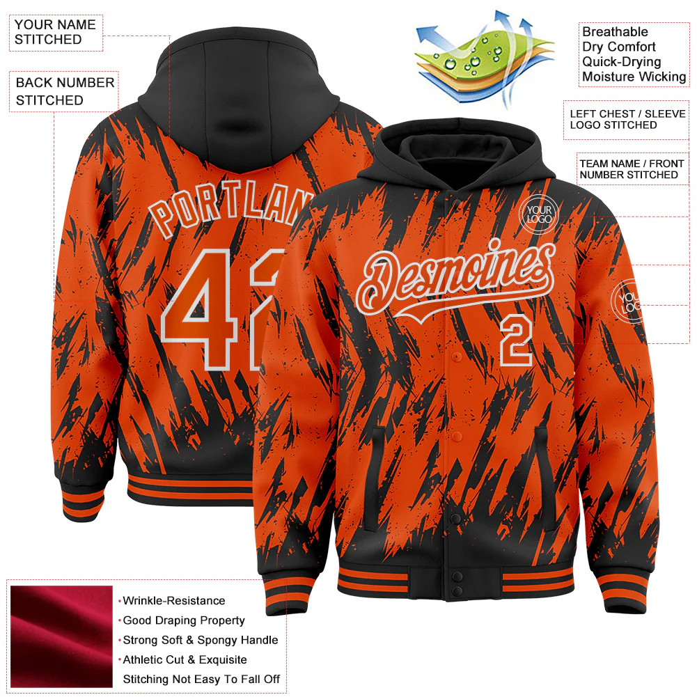 Custom Black Orange-White Abstract Sharp Shape Fragment Pattern Bomber Full-Snap Varsity Letterman Hoodie Jacket - Image 4