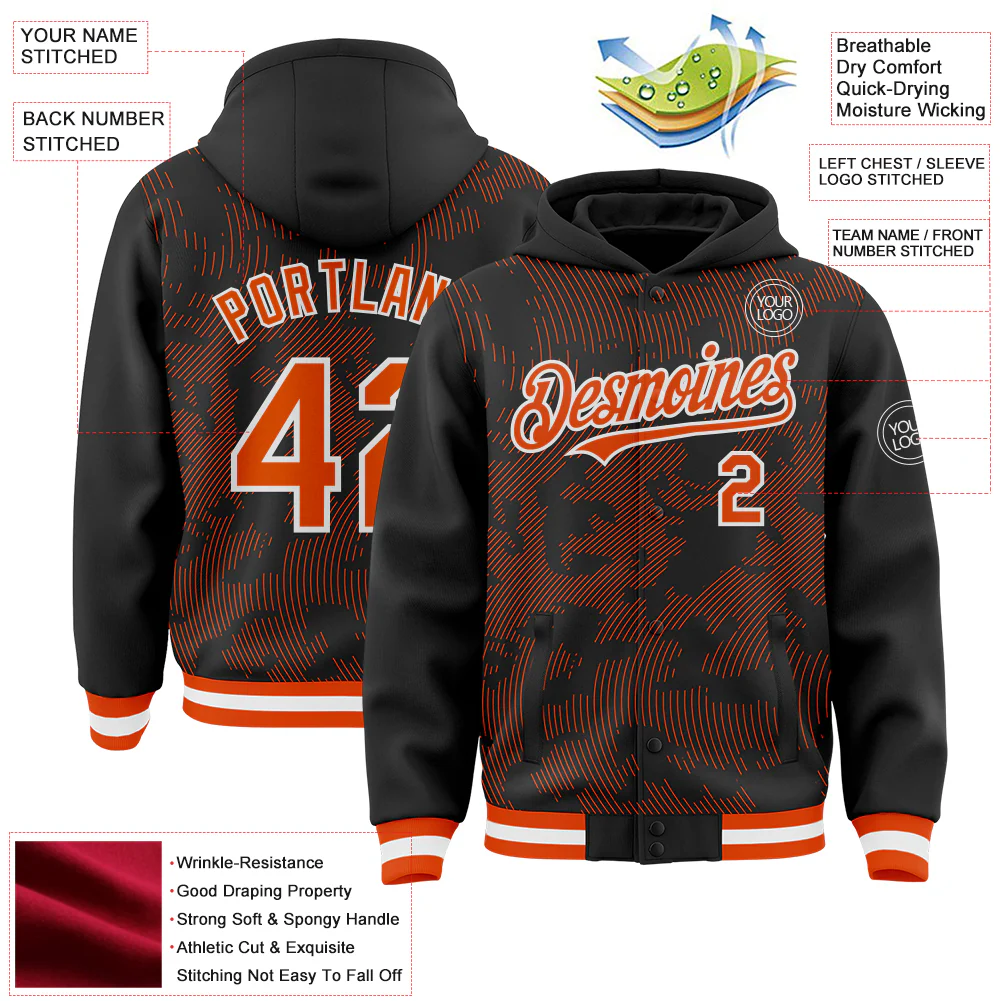 Custom Black Orange-White Curve Lines Bomber Full-Snap Varsity Letterman Hoodie Jacket - Image 4