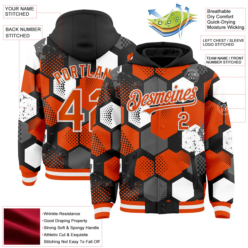Custom Black Orange-White Geometric Shape Bomber Full-Snap Varsity Letterman Hoodie Jacket - Image 4