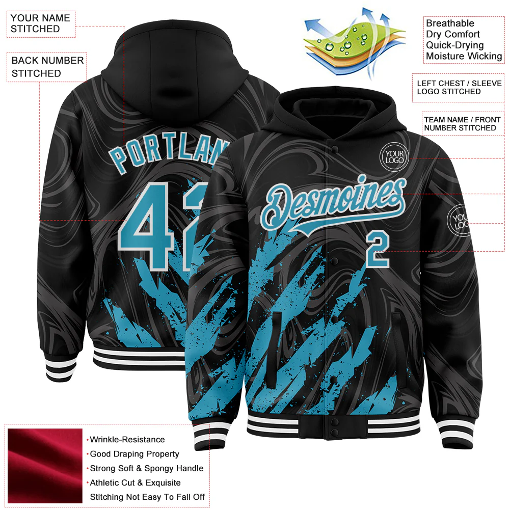 Custom Black Panther Blue-White Splash Bomber Full-Snap Varsity Letterman Hoodie Jacket - Image 4