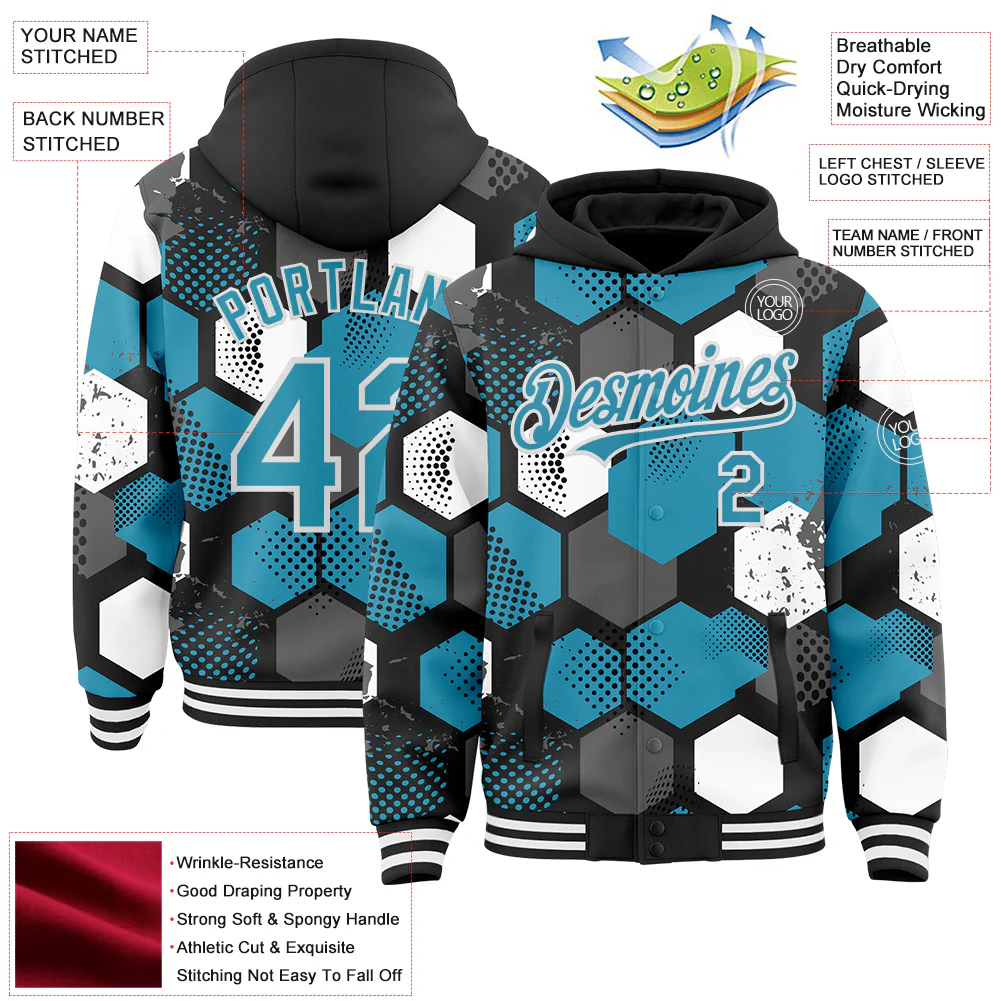 Custom Black Panther Blue-White Geometric Shape Bomber Full-Snap Varsity Letterman Hoodie Jacket - Image 4
