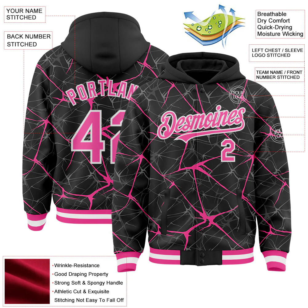 Custom Black Pink-White Abstract Network 3D Pattern Design Bomber Full-Snap Varsity Letterman Hoodie Jacket - Image 4