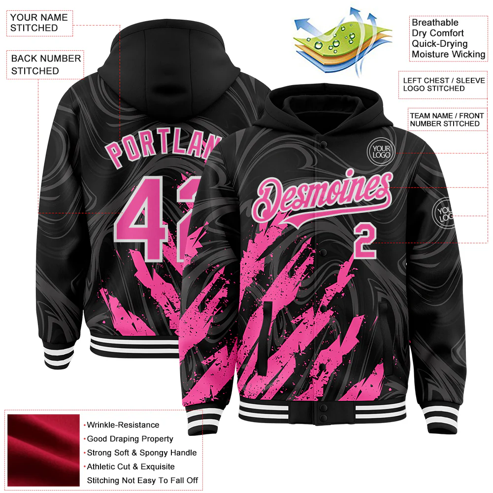 Custom Black Pink-White Splash Bomber Full-Snap Varsity Letterman Hoodie Jacket - Image 4