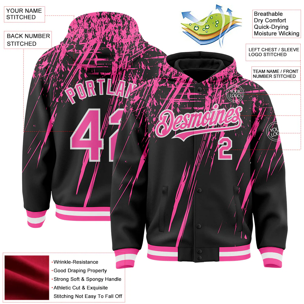 Custom Black Pink-White Splash Bomber Full-Snap Varsity Letterman Hoodie Jacket - Image 4