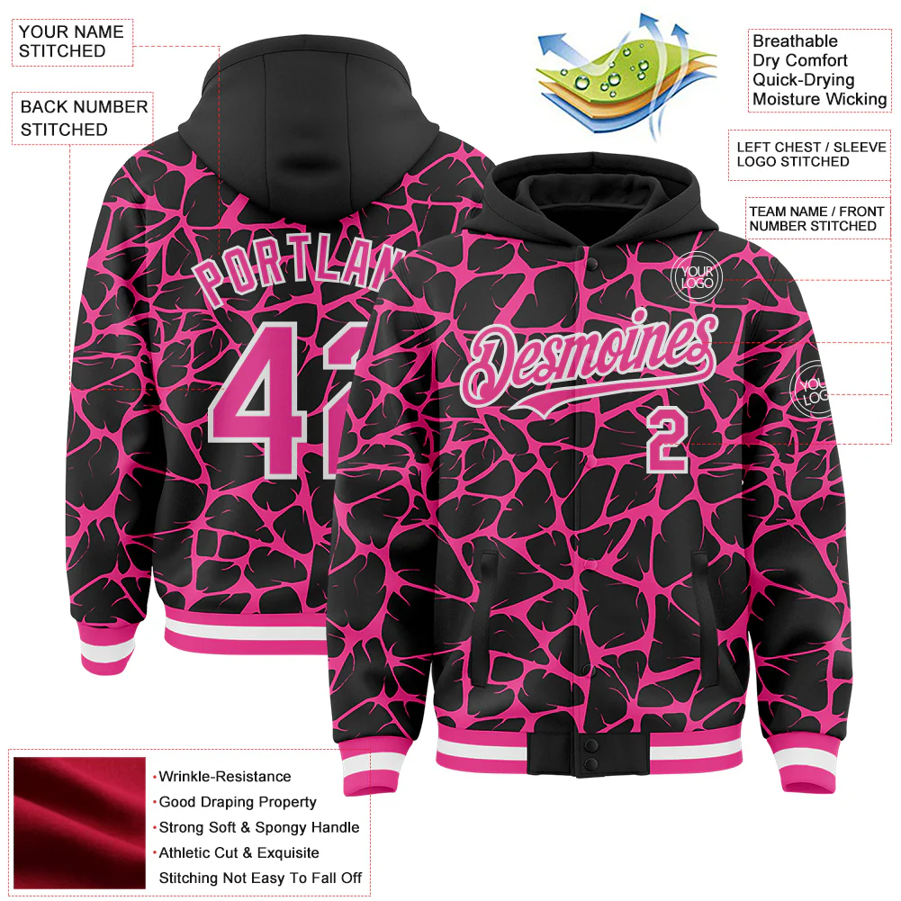 Custom Black Pink-White Abstract Network Bomber Full-Snap Varsity Letterman Hoodie Jacket - Image 4
