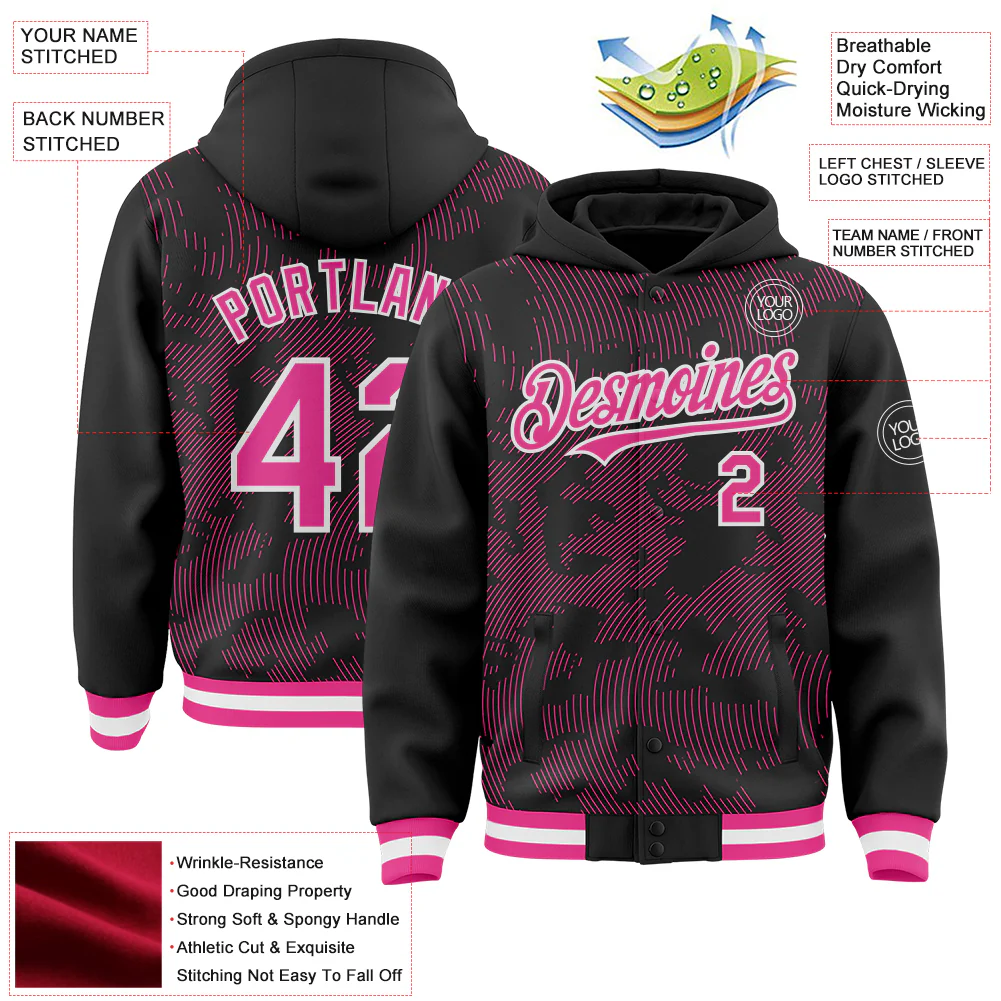 Custom Black Pink-White Curve Lines Bomber Full-Snap Varsity Letterman Hoodie Jacket - Image 4
