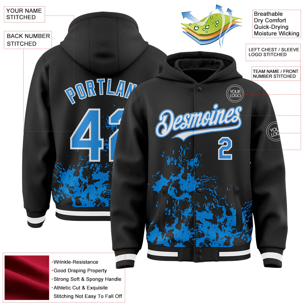 Custom Black Powder Blue-White Splash Art 3D Pattern Design Bomber Full-Snap Varsity Letterman Hoodie Jacket - Image 4