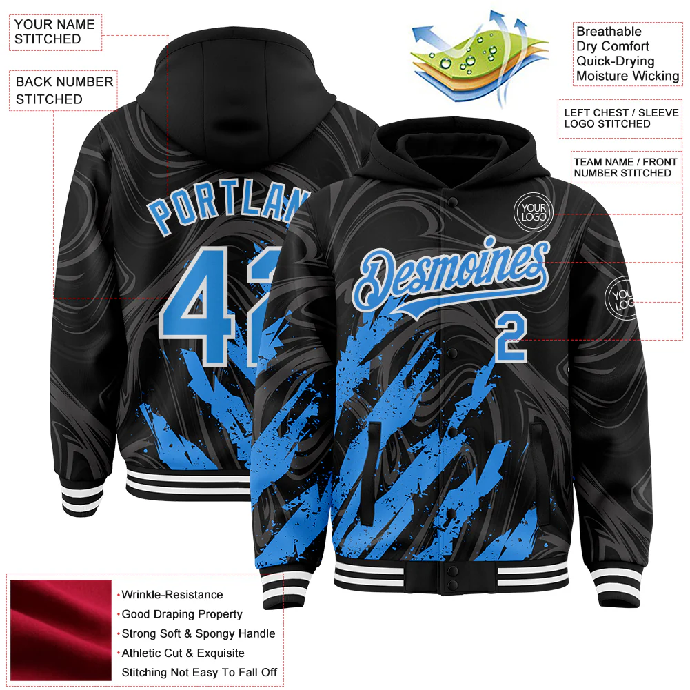 Custom Black Powder Blue-White Splash Bomber Full-Snap Varsity Letterman Hoodie Jacket - Image 4