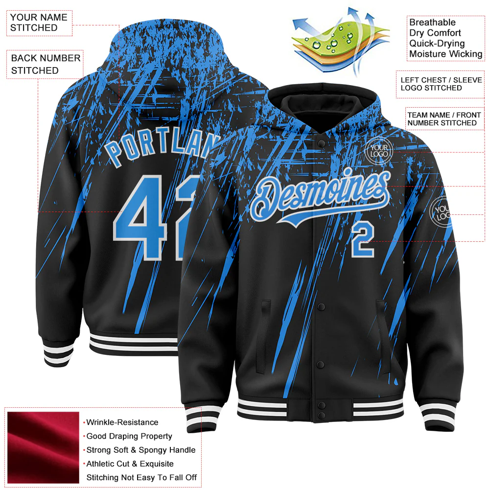 Custom Black Powder Blue-White Splash Bomber Full-Snap Varsity Letterman Hoodie Jacket - Image 4