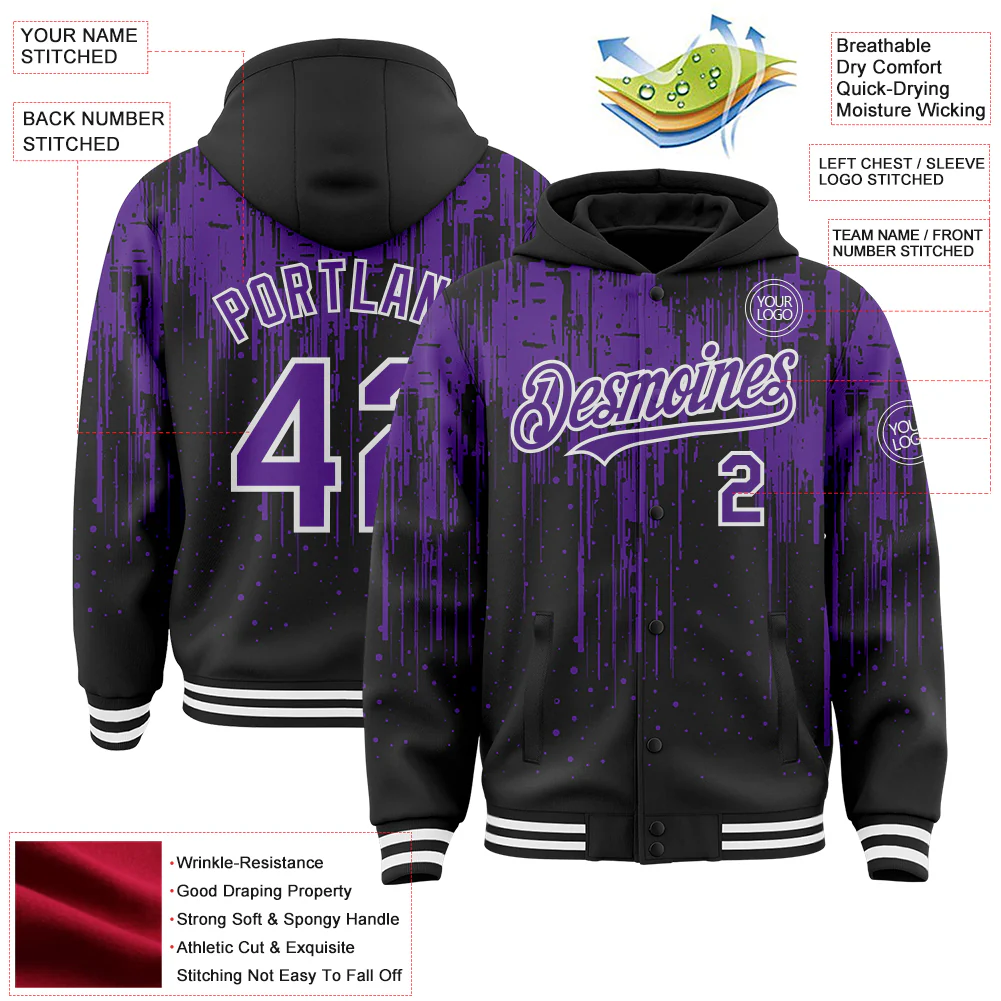 Custom Black Purple-White Dripping Splatter Bomber Full-Snap Varsity Letterman Hoodie Jacket - Image 4