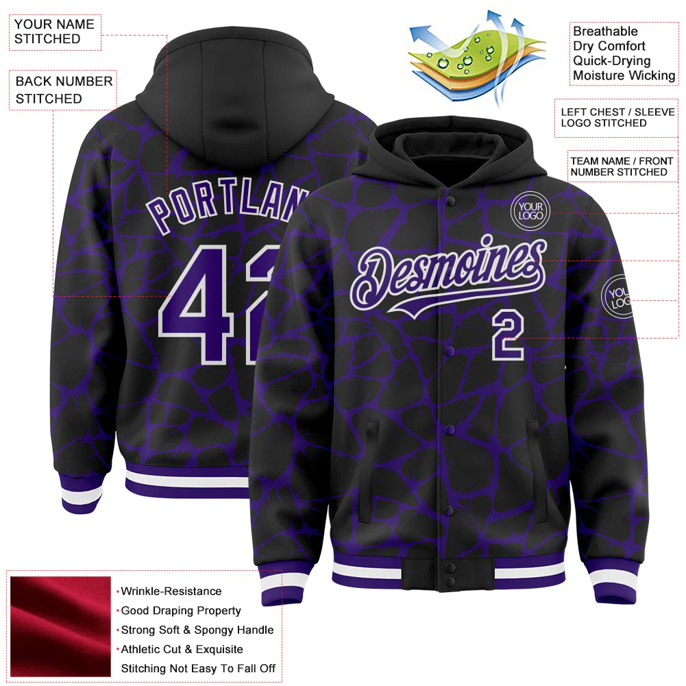Custom Black Purple-White Abstract Network Bomber Full-Snap Varsity Letterman Hoodie Jacket - Image 4