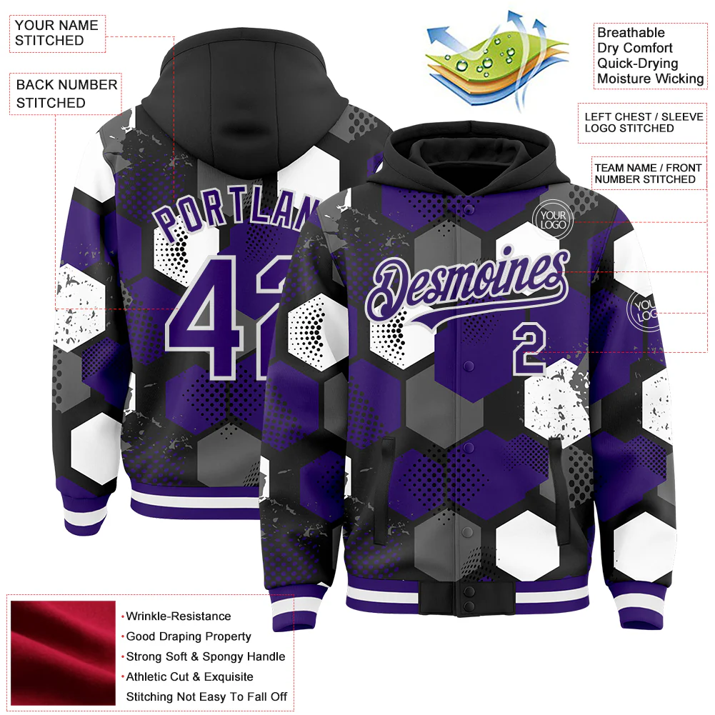 Custom Black Purple-White Geometric Shape Bomber Full-Snap Varsity Letterman Hoodie Jacket - Image 4