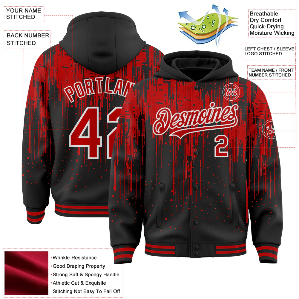 Custom Black Red-White Dripping Splatter Bomber Full-Snap Varsity Letterman Hoodie Jacket - Image 4