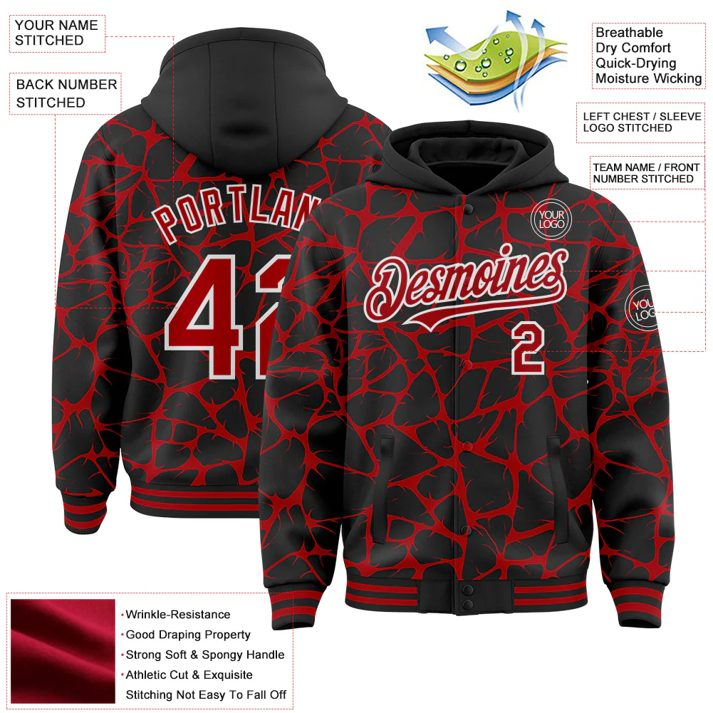 Custom Black Red-White Abstract Network Bomber Full-Snap Varsity Letterman Hoodie Jacket - Image 4