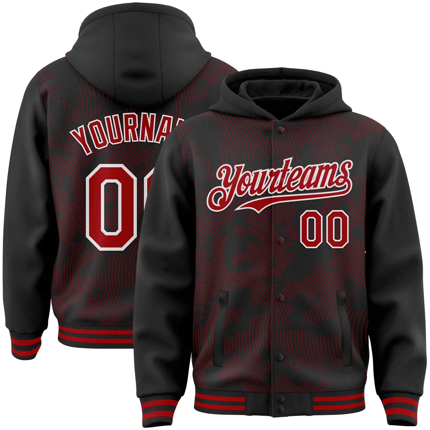 Custom Black Red-White Curve Lines Bomber Full-Snap Varsity Letterman Hoodie Jacket
