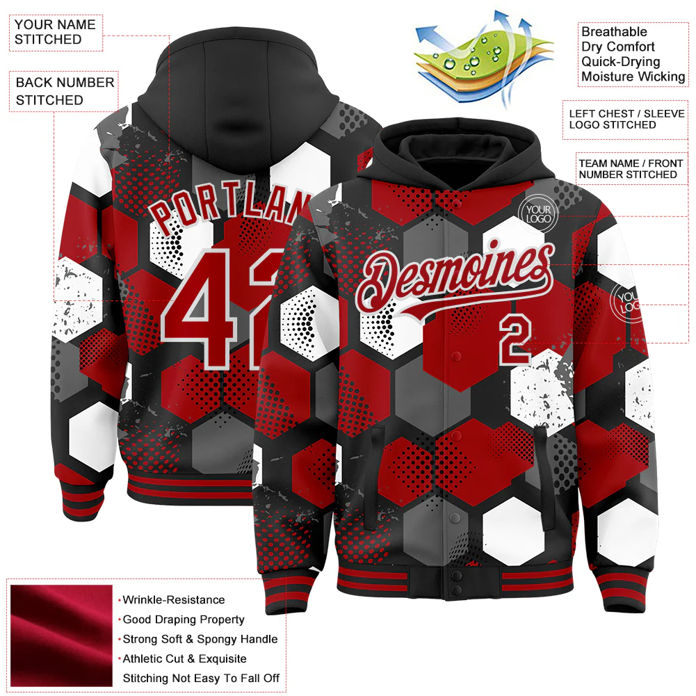 Custom Black Red-White Geometric Shape Bomber Full-Snap Varsity Letterman Hoodie Jacket - Image 4